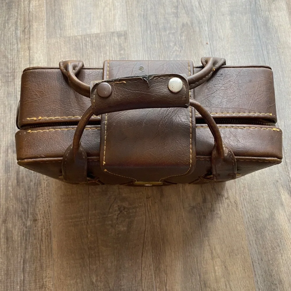 Vintage Brown Faux Leather Briefcase Camera Case Box Bag Brass Hardware Retro